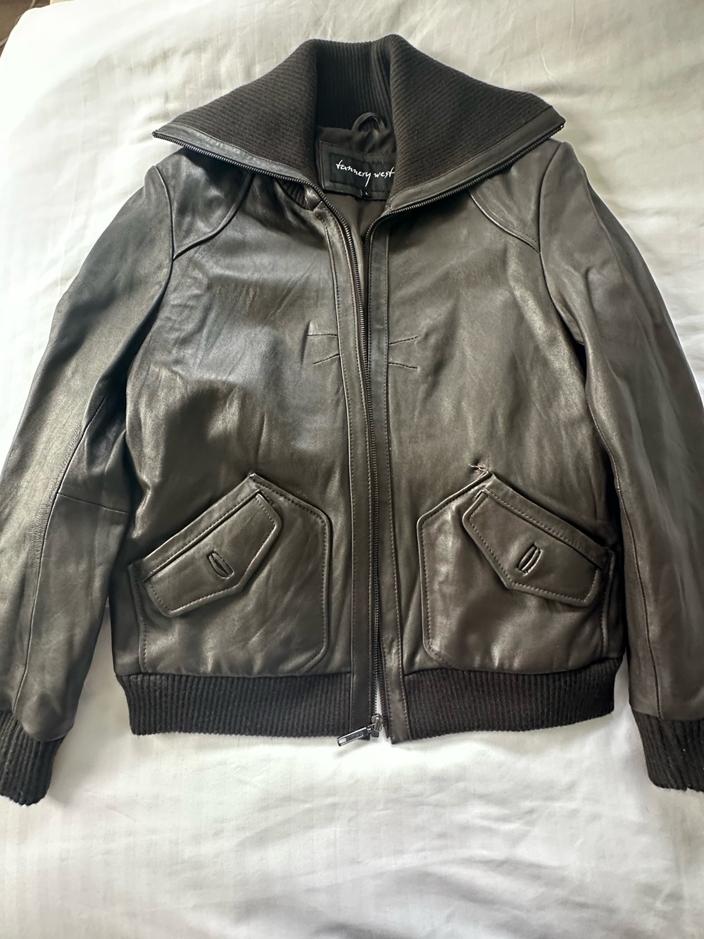 Brown Leather Bomber Jacket funnel neck big collar